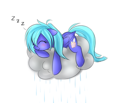 Size: 1600x1333 | Tagged: safe, artist:snowbunny0820, oc, oc only, oc:snowbunny, pegasus, pony, blushing, cloud, cutie mark, eyes closed, female, floppy ears, hooves, lying on a cloud, mare, on a cloud, prone, rain, simple background, sleeping, smiling, solo, white background, wings, zzz