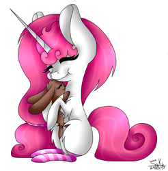 Size: 922x937 | Tagged: safe, artist:kawurin, oc, oc only, oc:pink lovely neko, pony, rabbit, unicorn, clothes, eyes closed, female, hug, mare, socks, solo, striped socks