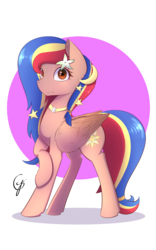 Size: 1200x1920 | Tagged: safe, artist:laptop-pone, oc, oc only, oc:pearl shine, pegasus, pony, female, flower, hairband, jewelry, looking at you, mare, mascot, moon, nation ponies, necklace, philippines, ponified, raised hoof, signature, simple background, smiling, solo, stars, white background