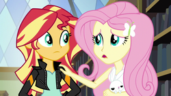 Size: 1280x720 | Tagged: safe, screencap, angel bunny, fluttershy, sunset shimmer, equestria girls, g4, my little pony equestria girls: friendship games, book, clothes, jacket, leather jacket, library