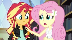 Size: 1100x618 | Tagged: safe, screencap, angel bunny, fluttershy, sunset shimmer, equestria girls, g4, my little pony equestria girls: friendship games, book, clothes, jacket, leather jacket, library