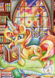 Size: 2406x3402 | Tagged: safe, artist:lunar-white-wolf, sunset shimmer, pony, unicorn, g4, book, bookshelf, canterlot, cloud, female, glowing horn, high res, horn, ink, lamp, magic, mare, pillow, prone, quill, reading, sky, smiling, solo, sun, traditional art, window