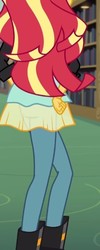 Size: 248x617 | Tagged: safe, screencap, sunset shimmer, equestria girls, g4, my little pony equestria girls: friendship games, book, boots, clothes, cropped, female, hand on hip, high heel boots, jacket, leather jacket, library, rear view, solo