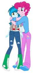 Size: 1261x2604 | Tagged: safe, artist:mlprocker123, pinkie pie, thunderbass, equestria girls, g4, adoraberry, blu berry (shipping), blu lightning, bubble berry, clothes, cute, equestria guys, female, hug, looking back, male, one eye closed, pinkiebass, rule 63, rule63betes, shipping, simple background, smiling, straight, transparent background, wink