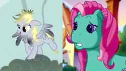 Size: 854x480 | Tagged: safe, screencap, derpy hooves, minty, earth pony, pegasus, pony, g3, g4, my little pony: a very minty christmas, comparison, exploitable meme, meme, same voice actor, wings