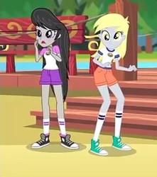 Size: 240x272 | Tagged: safe, screencap, derpy hooves, octavia melody, equestria girls, g4, my little pony equestria girls: legend of everfree, camp everfree outfits, clothes, converse, pier, shoes, shorts, sneakers, socks
