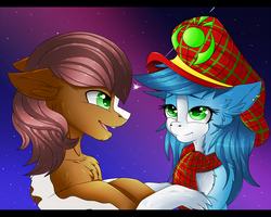 Size: 1800x1440 | Tagged: safe, artist:fkk, oc, oc only, oc:mad munchkin, pony, clothes, commission, cute, female, hat, love, male, mare, night, scarf, stallion, ych result