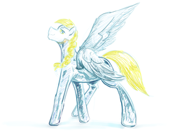 Size: 1245x968 | Tagged: safe, artist:testostepone, oc, oc only, oc:windswept skies, pegasus, pony, braid, latex, latex suit, looking at you, looking back, male, simple background, smiling, smirk, smug, solo, spread wings, stallion, white background, wings, yellow eyes