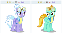 Size: 654x366 | Tagged: safe, cloudchaser, lightning dust, pony, derpibooru, g4, juxtaposition, meta