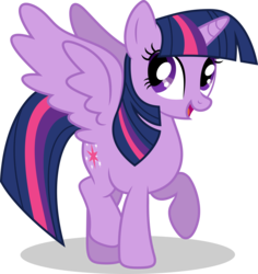 Size: 7000x7424 | Tagged: safe, artist:luckreza8, twilight sparkle, alicorn, pony, g4, .svg available, absurd resolution, feathered wings, female, happy, looking back, mare, open mouth, raised hoof, simple background, smiling, solo, spread wings, transparent background, twilight sparkle (alicorn), vector, wings