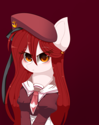 Size: 1024x1290 | Tagged: safe, artist:php146, oc, oc only, oc:sora, pony, blushing, clothes, eye clipping through hair, female, hat, looking at you, mare, necktie, red hair, simple background, solo