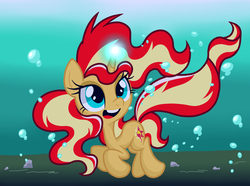 Size: 2840x2112 | Tagged: safe, artist:lovehtf421, sunset shimmer, pony, unicorn, g4, cute, female, glowing horn, high res, horn, mare, open mouth, shimmerbetes, solo, underwater