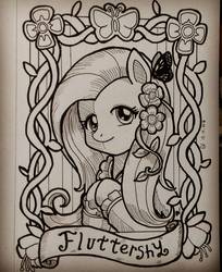 Size: 1495x1836 | Tagged: safe, artist:gensokishidan, part of a set, fluttershy, pegasus, pony, g4, bust, clothes, female, flower, flower in hair, hooves together, ink drawing, looking at you, monochrome, name, portrait, solo, traditional art