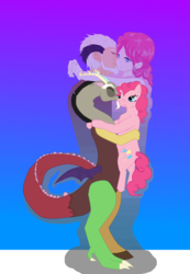 Size: 1237x1789 | Tagged: safe, artist:kittenax, discord, pinkie pie, draconequus, earth pony, human, pony, g4, beard, ear piercing, earring, facial hair, female, humanized, jewelry, light skin, male, ms paint, piercing, ship:discopie, shipping, straight