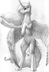 Size: 2434x3509 | Tagged: safe, artist:xxkrutoy, princess celestia, alicorn, pony, g4, bipedal, female, grayscale, high res, monochrome, rearing, simple background, solo, spread wings, traditional art, underhoof