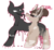 Size: 1024x944 | Tagged: safe, artist:vanillaswirl6, oc, oc only, unnamed oc, demon, demon pony, earth pony, pony, annoyed, behaving like a dog, black sclera, cheek fluff, chest fluff, chibi, claws, colored eyelashes, colored hooves, commission, corrupted, dripping, duo, ear fluff, fangs, female, fluffy, four eyes, hair bun, looking away, markings, monster, multicolored fur, open mouth, raised hoof, sharp teeth, spots, teeth, tongue out, white eyes