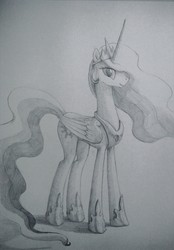 Size: 3078x4412 | Tagged: safe, artist:xxkrutoy, princess celestia, alicorn, pony, g4, crown, female, grayscale, high res, jewelry, looking at you, monochrome, open mouth, peytral, regalia, simple background, solo, traditional art