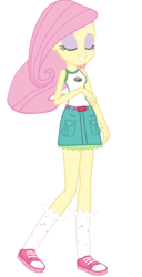 Size: 332x648 | Tagged: safe, artist:eduardonunes109, fluttershy, equestria girls, g4, my little pony equestria girls: legend of everfree, belt, camp everfree outfits, clothes, eyes closed, female, miniskirt, raised leg, shoes, simple background, skirt, socks, solo, transparent background