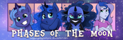 Size: 1500x485 | Tagged: safe, artist:midnightpremiere, nightmare moon, princess luna, vice principal luna, alicorn, pony, equestria girls, g4, blushing, clothes, crossed arms, crown, cute, duality, evil smile, female, floppy ears, grin, jewelry, looking at you, lunabetes, lunar trinity, mare, regalia, s1 luna, smiling