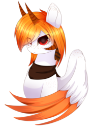 Size: 1594x2225 | Tagged: safe, artist:php146, oc, oc only, oc:silveer moon, hybrid, pegasus, pony, succubus, art trade, bandana, colored pupils, eye clipping through hair, freckles, horn, orange hair, red eyes, simple background, smiling, solo, transparent background