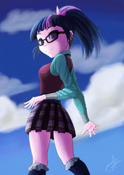 Size: 763x1080 | Tagged: safe, artist:the-park, sci-twi, twilight sparkle, equestria girls, g4, clothes, cute, female, glasses, legs, looking back, moe, pleated skirt, ponytail, skirt, sky, socks, solo, standing, upskirt