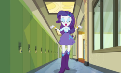 Size: 1254x756 | Tagged: safe, artist:eduardonunes109, rarity, equestria girls, g4, arms, belt, blouse, boots, bracelet, canterlot high, clothes, eyes closed, female, hairpin, hallway, hand, happy, high heel boots, jewelry, legs, lockers, long hair, makeup, open mouth, open smile, singing, skirt, smiling, solo, spread arms, teenager, teeth, top