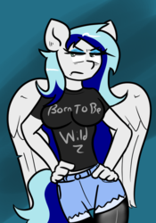 Size: 700x1000 | Tagged: safe, artist:tranzmuteproductions, oc, oc only, oc:sapphire heart song, pegasus, anthro, abstract background, anthro oc, blue eyeshadow, blue hair, born to be wild, clothes, eyeshadow, female, frown, hand on hip, jeans, makeup, pegasus oc, rocker, shirt, shorts, socks, solo, t-shirt, thigh highs, unamused, wings