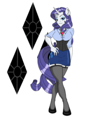 Size: 2550x3300 | Tagged: safe, artist:edoki, rarity, anthro, unguligrade anthro, g4, clothes, corset, crossed legs, cutie mark background, female, garter, garter belt, garters, high heels, high res, shoes, side slit, simple background, skirt, solo, stockings, thigh highs, transparent background