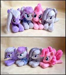 Size: 2628x2945 | Tagged: safe, artist:sophiesplushies, limestone pie, marble pie, maud pie, pinkie pie, pony, g4, high res, irl, photo, pie sisters, plushie, prone, siblings, sisters