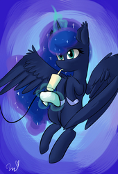 Size: 1062x1562 | Tagged: safe, artist:passigcamel, princess luna, alicorn, pony, gamer luna, g4, cup, drink, female, glowing horn, horn, magic, mare, solo, telekinesis, video game