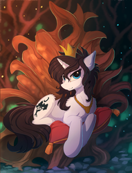 Size: 1820x2380 | Tagged: safe, artist:yakovlev-vad, oc, oc only, pony, unicorn, crown, high res, jewelry, looking at you, peytral, pillow, regalia, solo, throne