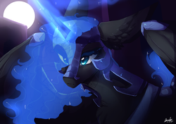 Size: 3560x2500 | Tagged: safe, artist:reimbowkawaii, nightmare moon, pony, g4, eye reflection, female, floppy ears, frown, glowing horn, high res, horn, moon, reflection, solo