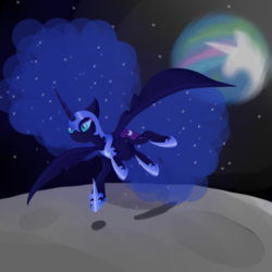 Size: 512x512 | Tagged: safe, artist:lunarartista, nightmare moon, alicorn, pony, g4, female, flying, moon, planet, solo, stars