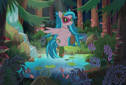Size: 3040x2048 | Tagged: safe, artist:castelainmlp, gaea everfree, gloriosa daisy, pegasus, pony, equestria girls, g4, my little pony equestria girls: legend of everfree, equestria girls ponified, female, forest, high res, magical geodes, mare, pond, ponified, scenery, solo, waterfall