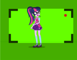 Size: 1426x1117 | Tagged: safe, artist:eduardonunes109, sci-twi, twilight sparkle, equestria girls, g4, animated actors, behind the scenes, bowtie, camera, camera shot, clothes, female, glasses, green screen, mary janes, open mouth, ponytail, shocked, shoes, simple background, skirt, socks, solo