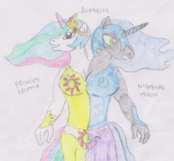 Size: 811x754 | Tagged: safe, artist:whippetwild, nightmare moon, princess celestia, anthro, g4, conjoined, conjoined royal sisters, multiple heads, traditional art, two heads