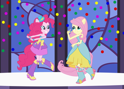 Size: 700x500 | Tagged: safe, artist:budgeriboo, artist:sugar-loop, edit, editor:ktd1993, fluttershy, pinkie pie, equestria girls, g4, balloon, boots, bracelet, dancing, duo, fall formal outfits, female, high heel boots, jewelry, lesbian, ponied up, pony ears, ponytail, raised leg, ship:flutterpie, shipping