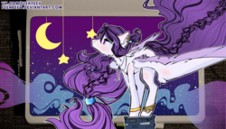 Size: 1279x731 | Tagged: safe, artist:feekteev, oc, oc only, oc:stargazer, pegasus, pony, bracelet, colored pupils, commission, crescent moon, ear piercing, earring, female, jewelry, long mane, long tail, mare, moon, night, piercing, solo, spread wings, stars, tangible heavenly object, wings, ych result