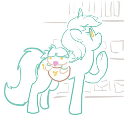 Size: 900x900 | Tagged: safe, artist:moronsonofboron, lyra heartstrings, oc, oc:hope, pony, satyr, g4, baby, cute, mother and daughter, offspring, pacifier, parent:lyra heartstrings, saddle bag