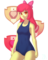 Size: 2400x3000 | Tagged: safe, artist:souladdicted, apple bloom, equestria girls, g4, bow, breasts, clothes, female, hair bow, high res, looking at you, older, older apple bloom, one-piece swimsuit, pinup, red hair, simple background, smiling, solo, swimsuit, transparent background
