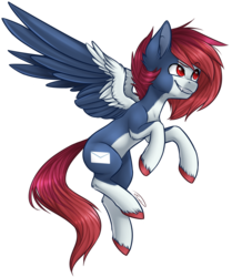 Size: 968x1160 | Tagged: safe, artist:doekitty, oc, oc only, oc:maple redwood, bat pony, hybrid, pegasus, pony, art trade, colored pupils, fangs, flying, red eyes, red hair, simple background, solo, spread wings, transparent background, wings