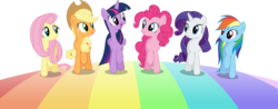 Size: 6001x2355 | Tagged: safe, artist:deratrox, applejack, fluttershy, pinkie pie, rainbow dash, rarity, twilight sparkle, alicorn, earth pony, pegasus, pony, unicorn, all bottled up, g4, .ai available, .svg available, best friends until the end of time, cute, eye contact, female, happy, high res, looking at each other, mane six, mare, open mouth, rainbow, rainbow road, raised hoof, simple background, smiling, transparent background, trotting, twilight sparkle (alicorn), vector