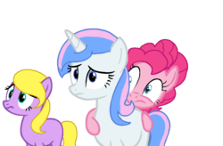 Size: 1024x673 | Tagged: safe, artist:fluttershyarabic, pinkie pie, oc, oc:flutter skies, oc:princess paradise, earth pony, pony, unicorn, g4, female, mare, missing accessory, missing cutie mark, simple background, transparent background