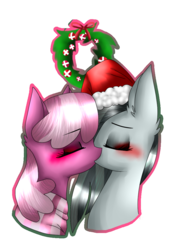 Size: 715x1030 | Tagged: safe, artist:alithecat1989, cheerilee, marble pie, earth pony, pony, g4, blushing, bust, christmas wreath, clothes, crack shipping, eyes closed, female, hat, holly, kissing, lesbian, marbilee, mistletoe, santa hat, scarf, shipping, simple background, transparent background, wreath