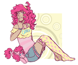 Size: 1109x935 | Tagged: safe, artist:monnarcha, pinkie pie, human, g4, bracelet, clothes, female, grin, humanized, jewelry, lidded eyes, missing shoes, moderate dark skin, plushie, shirt, shorts, simple background, sitting, smiling, socks, solo, transparent background