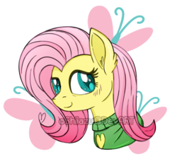Size: 600x557 | Tagged: safe, artist:traveleraoi, fluttershy, pony, g4, blushing, bust, clothes, cutie mark background, female, looking at you, looking sideways, portrait, simple background, smiling, solo, song in the description, sweater, sweatershy, transparent background