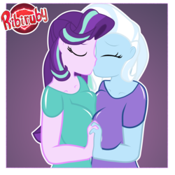Size: 1280x1280 | Tagged: safe, alternate version, artist:ribiruby, starlight glimmer, trixie, equestria girls, g4, big breasts, breasts, busty starlight glimmer, busty trixie, clothes, eyes closed, female, kiss on the lips, kissing, lesbian, ship:startrix, shipping, shirt, symmetrical docking