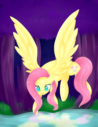 Size: 1024x1333 | Tagged: safe, artist:toffee-arts2169, fluttershy, pony, g4, female, floating, forest, looking at something, looking down, pond, reflection, solo, spread wings, wings