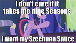 Size: 1920x1080 | Tagged: safe, edit, edited screencap, screencap, twilight sparkle, alicorn, pony, g4, what about discord?, angry, discovery family logo, female, image macro, mcdonald's, meme, pointing, rick and morty, solo, szechuan sauce, twilight sparkle (alicorn)
