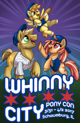 Size: 1024x1583 | Tagged: safe, artist:sciggles, oc, oc only, earth pony, pegasus, pony, unicorn, baseball, baseball bat, clothes, colt, cute, female, happy, hat, looking up, male, mare, ocbetes, open mouth, raised hoof, rearing, shirt, smiling, stallion, trio, whinnycitycon